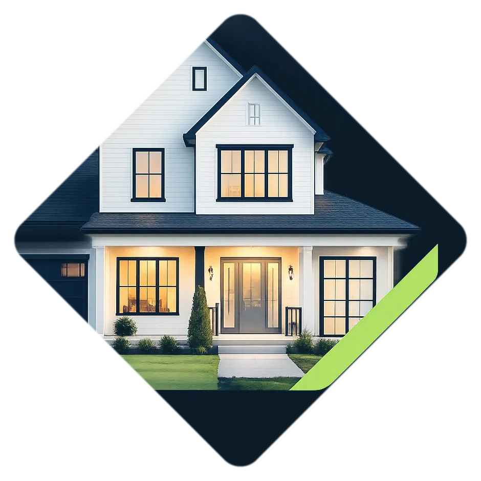 A bright two-story home at dusk with its porch lights on, framed inside the Dynagen diamond